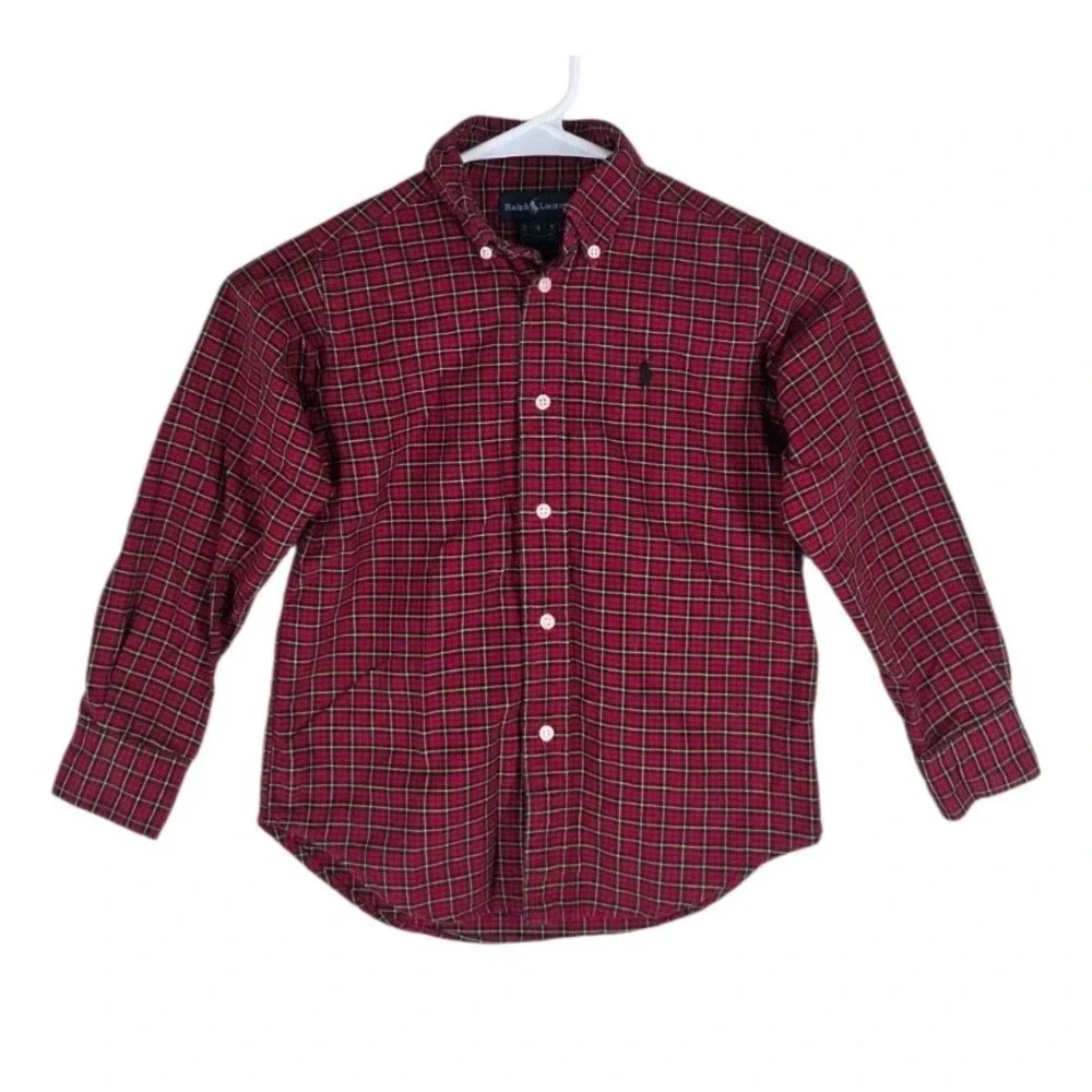 Polo Ralph Lauren Boys Size 5 Red Black Tartan Plaid Button Down Shirt Cotton